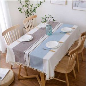 Nordic style linen minimalist tassel tablecloth brown & blue 120x180size 1 sheet