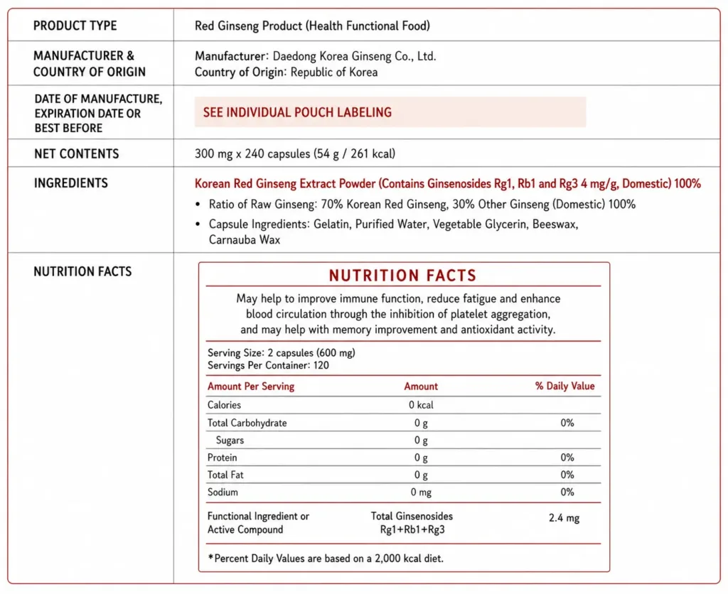 Korean red ginseng capsule specifications